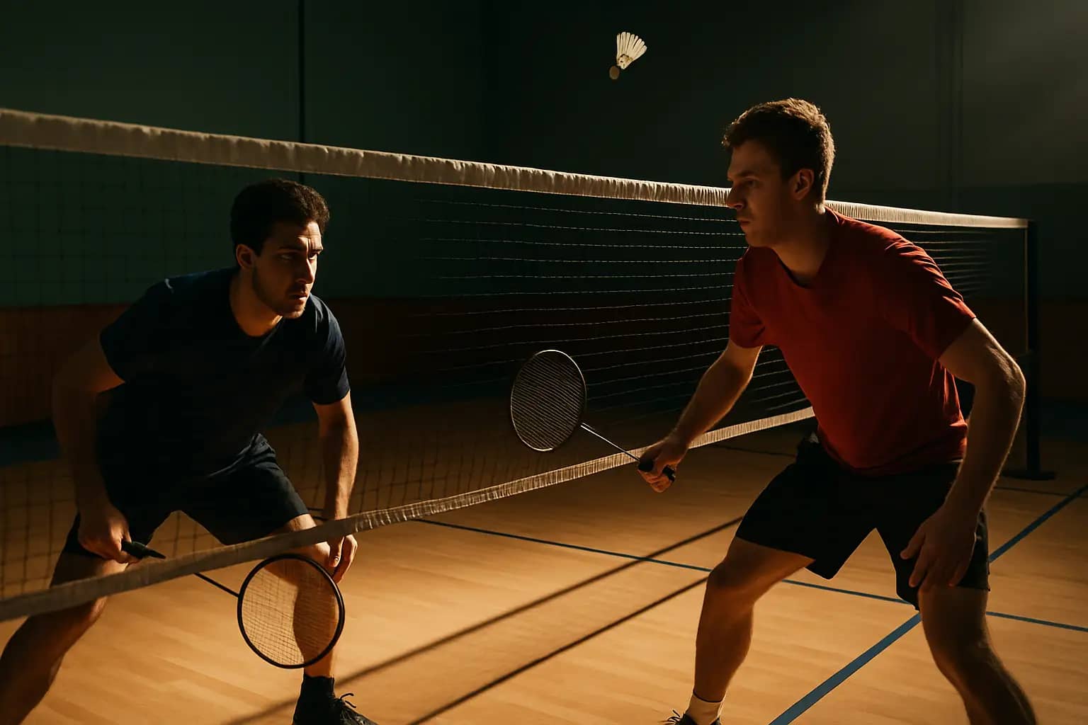 Two badminton players competing in an intense rally during a grand final match in an indoor court
