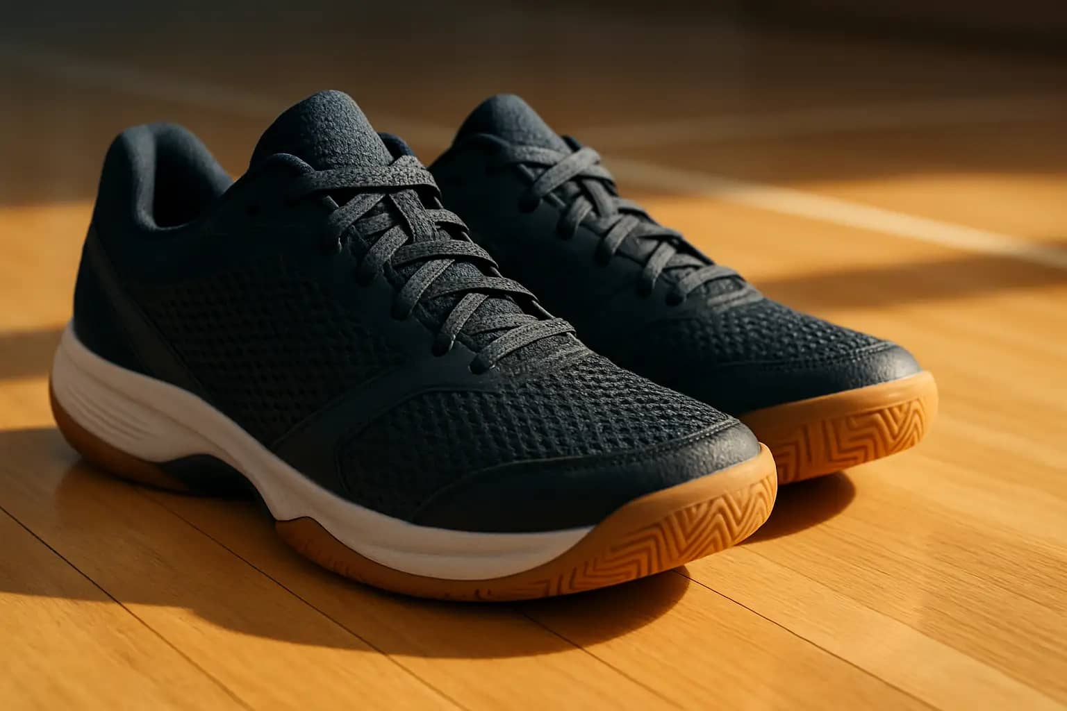 A pair of lightweight indoor court shoes on a wooden badminton court surface