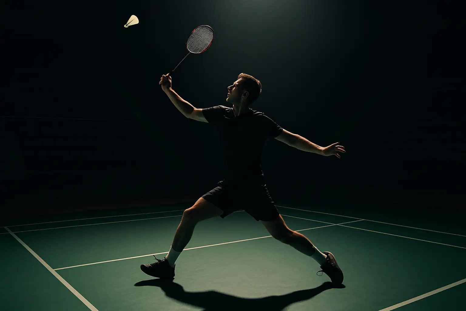 Badminton player mid-smash on an indoor court under bright arena lights