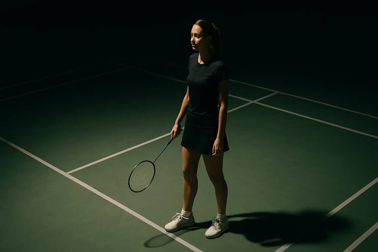 A badminton player preparing to serve on an indoor court with stadium lighting