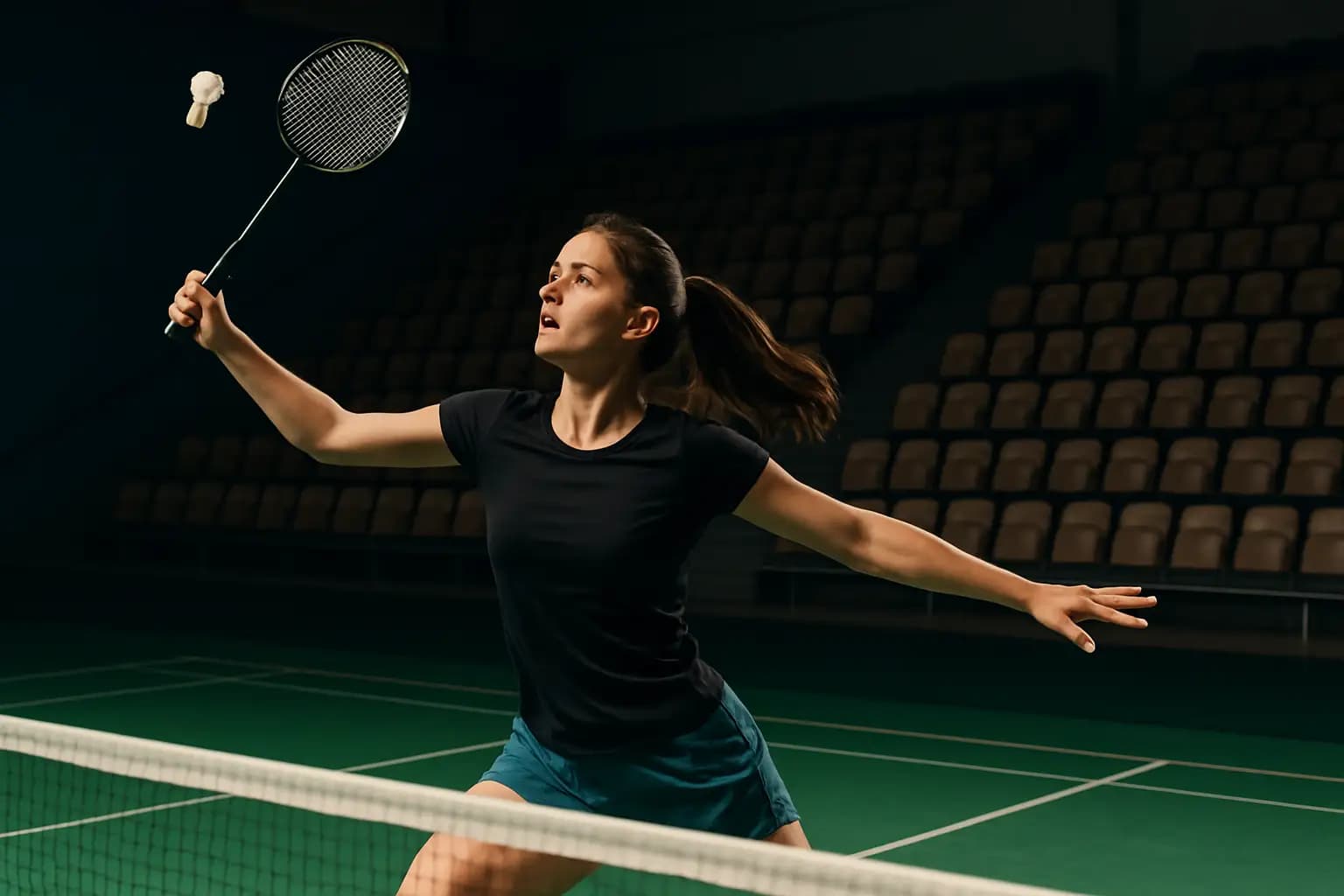 Young female badminton player practicing on an indoor court in Southeast Asia