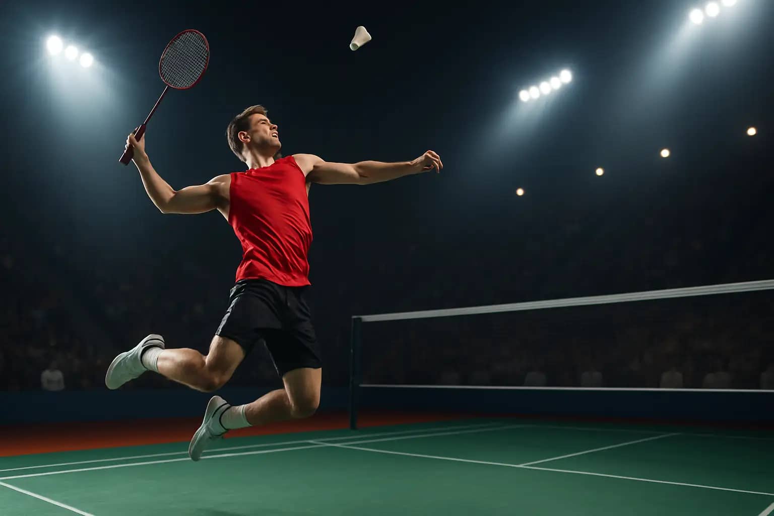 A badminton player mid-smash on an indoor court under bright arena lights during a major tournament