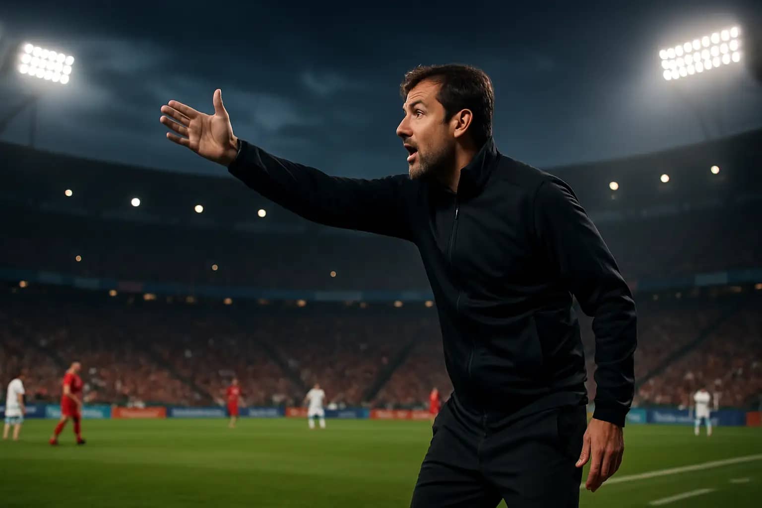 A football coach gestures instructions on the sideline during an international match