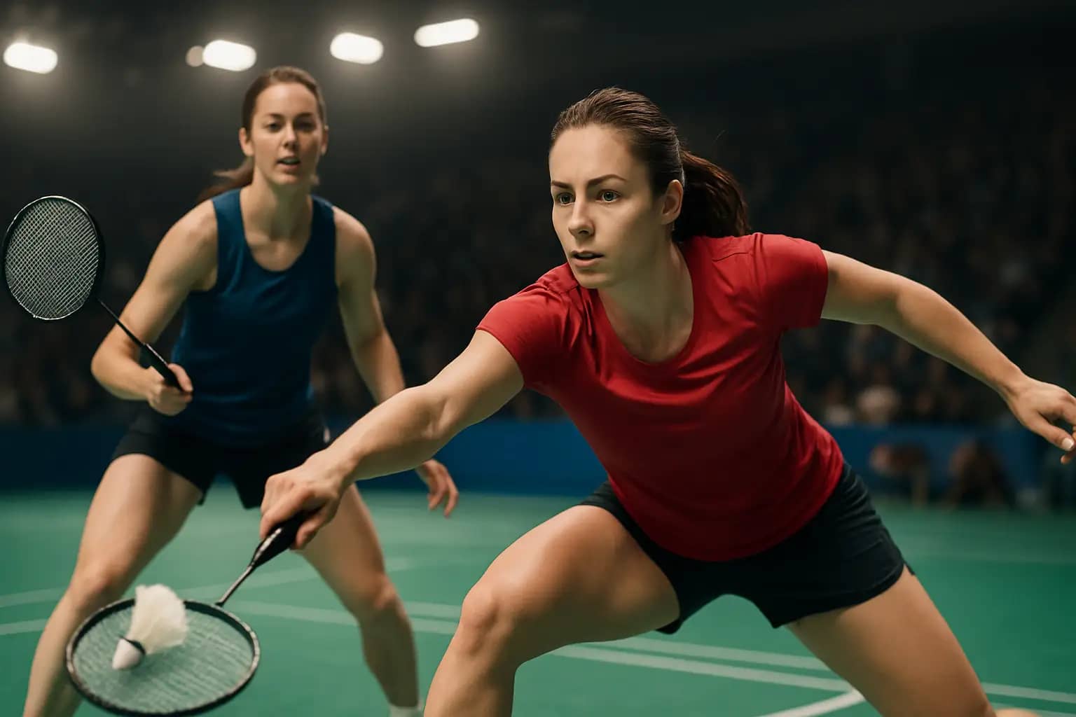 Two female badminton players on a court during a doubles match under bright arena lights