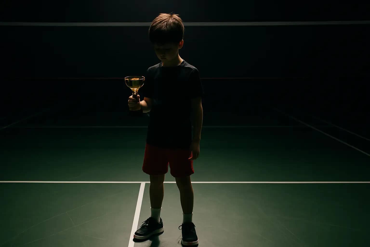Young badminton player holding a trophy on an indoor court