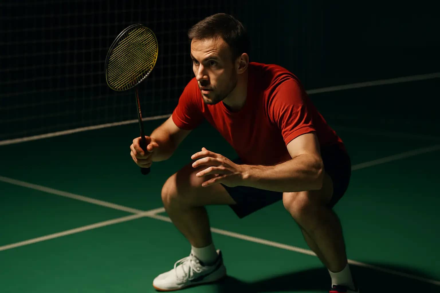A badminton player in ready position at the net, poised to defend a fast drive shot during a doubles match