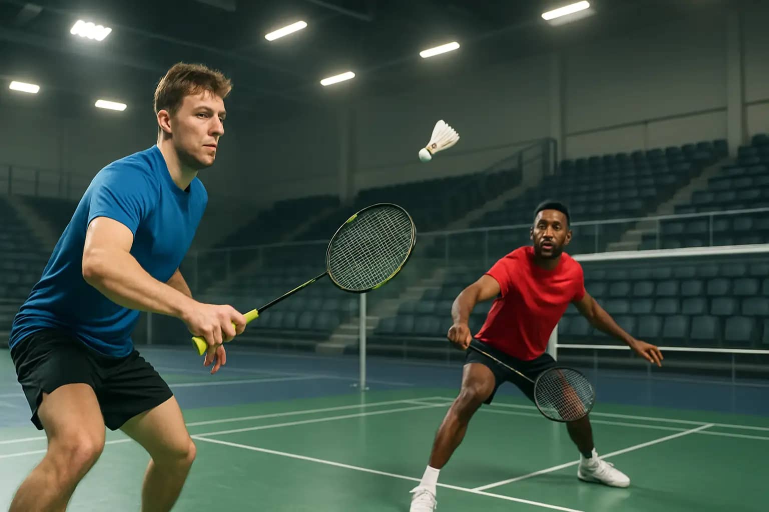 Badminton players competing in an indoor sports hall during a summer tournament in Kuwait