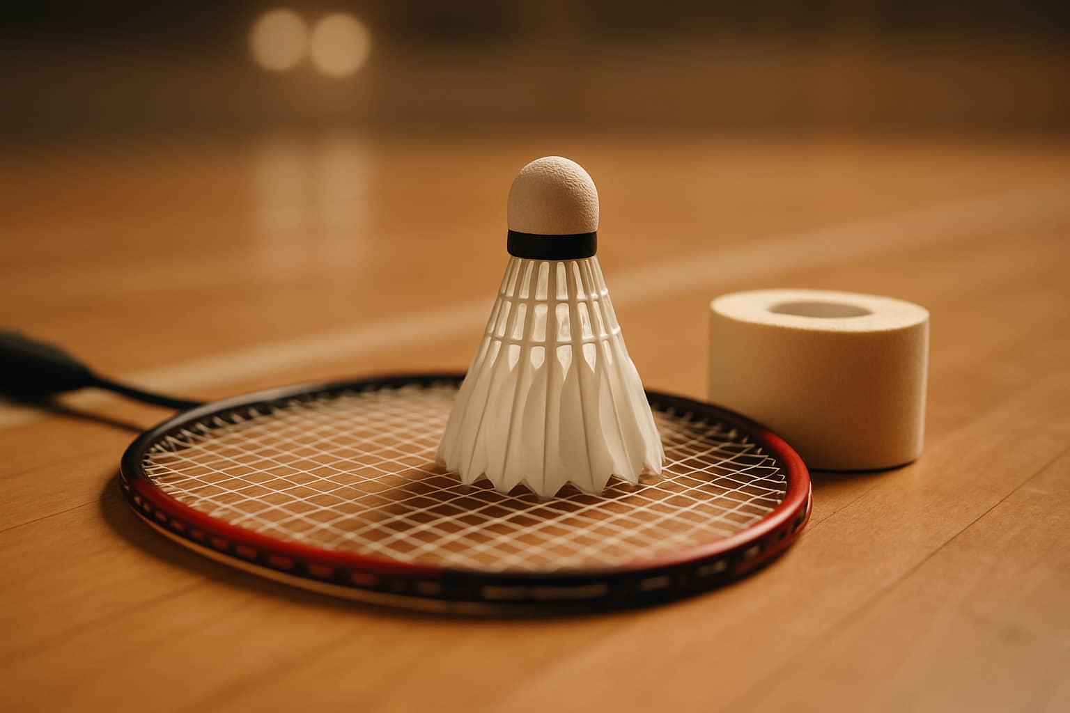 A badminton racket and shuttlecock resting on a court beside a sports medicine tape roll, symbolising injury and recovery