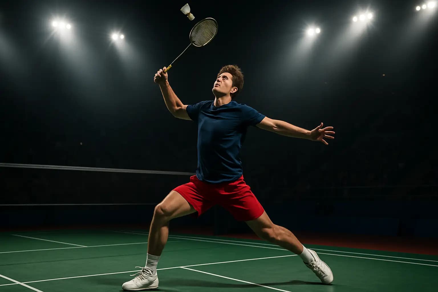 A badminton player mid-smash on an indoor court under bright tournament lighting