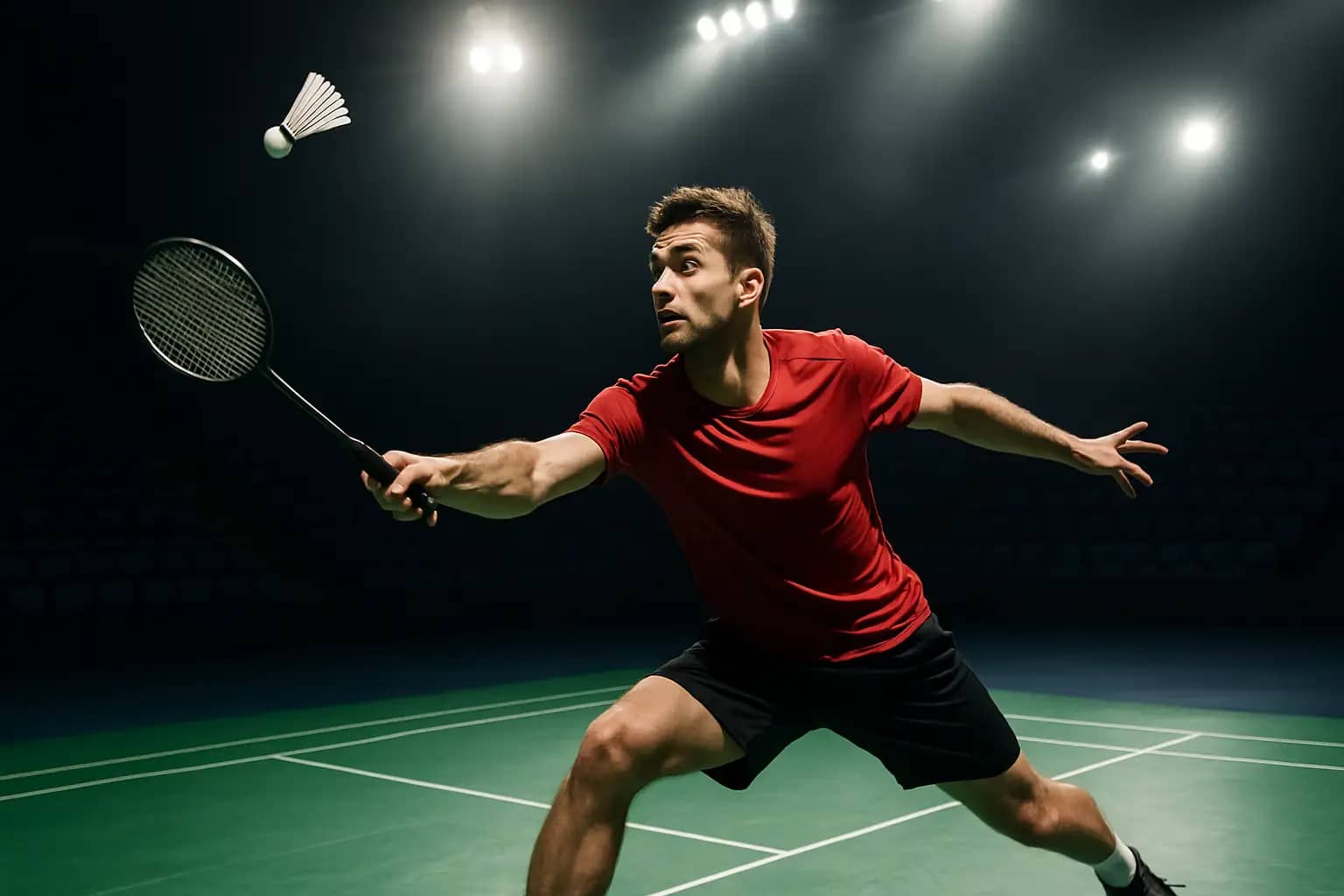A badminton player in action on an indoor court during an international tournament