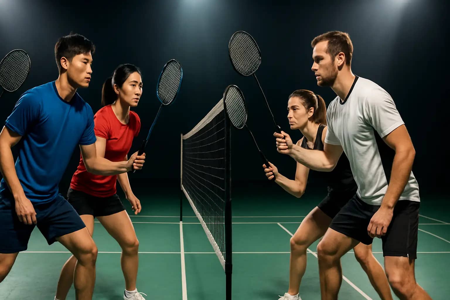Two mixed doubles badminton pairs facing off across a net on an indoor court with bright arena lighting