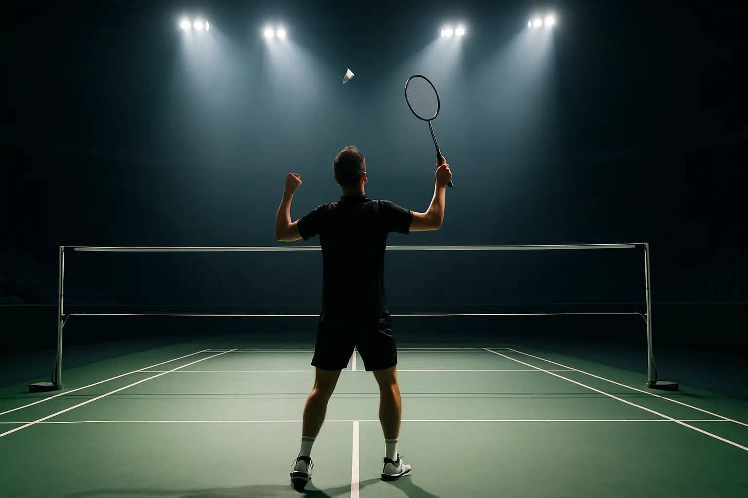 A badminton player celebrating a tournament victory on court, racket raised