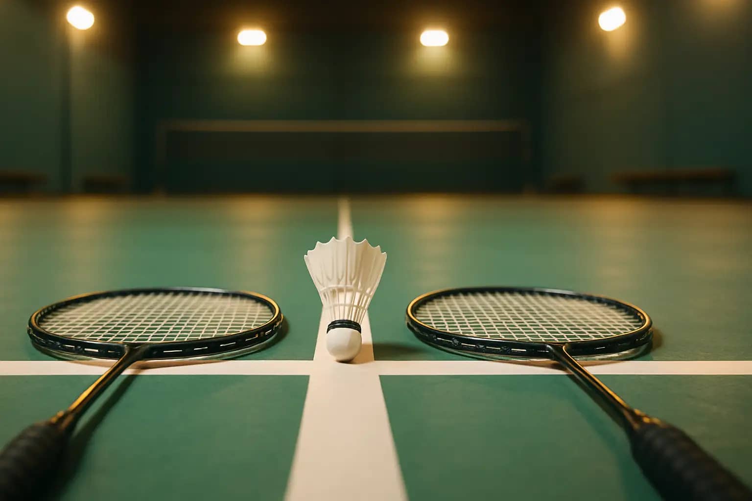 Two badminton rackets placed side by side on a court, symbolizing unity between former rivals