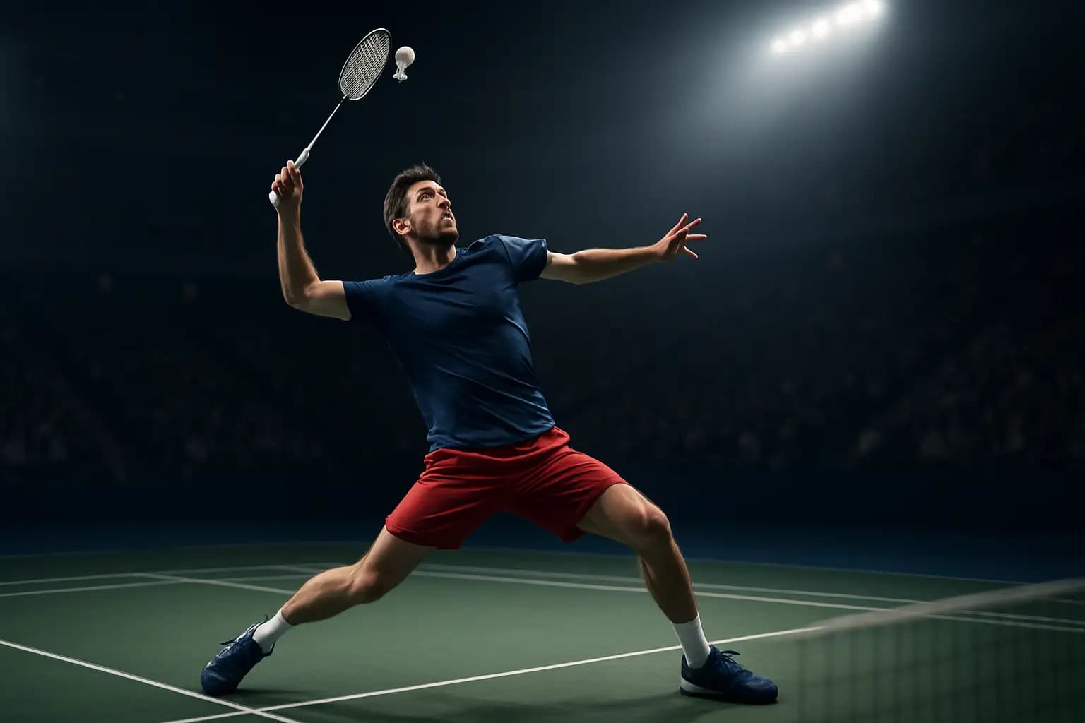 A badminton player mid-smash on an indoor court under bright arena lights