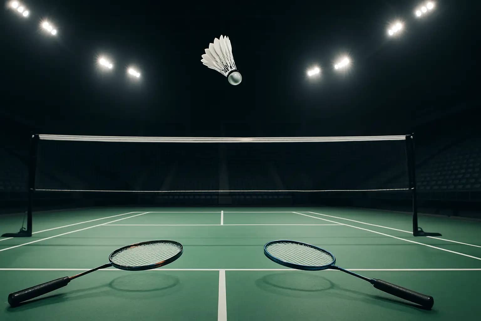 A badminton player mid-smash on an indoor court under bright arena lights