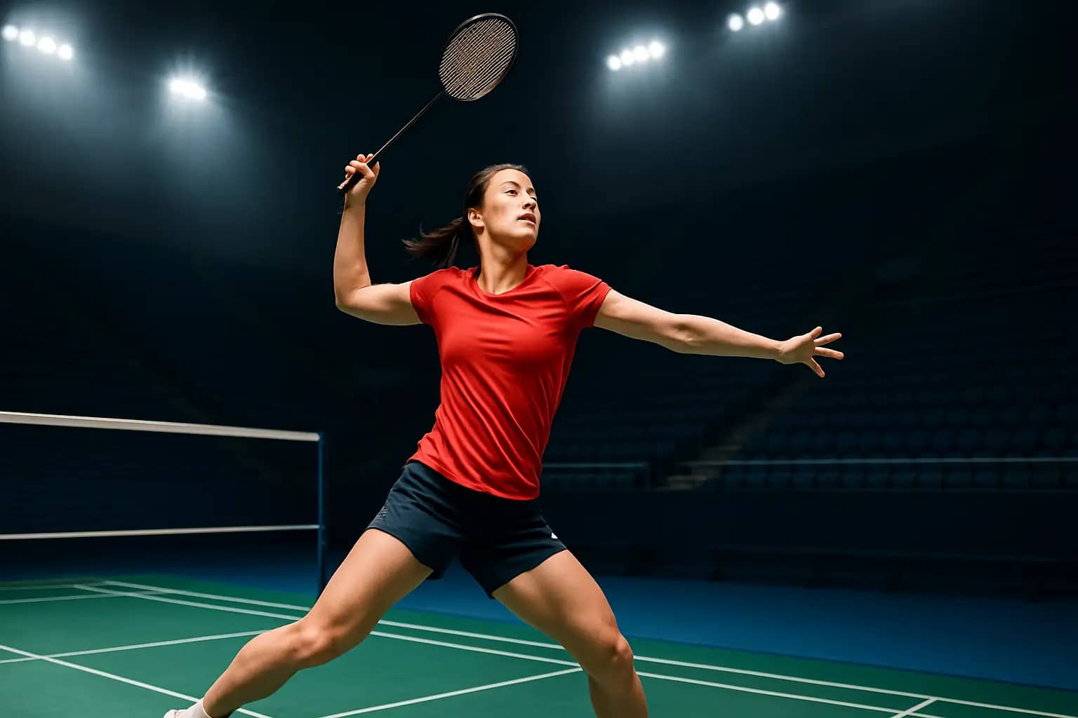 A female badminton player in action on an indoor court, mid-swing with a racket during a competitive match