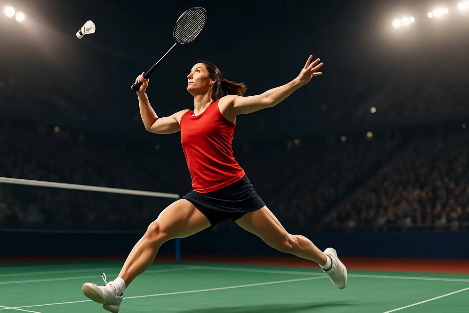 Female badminton player in mid-swing on an indoor court during a tournament match
