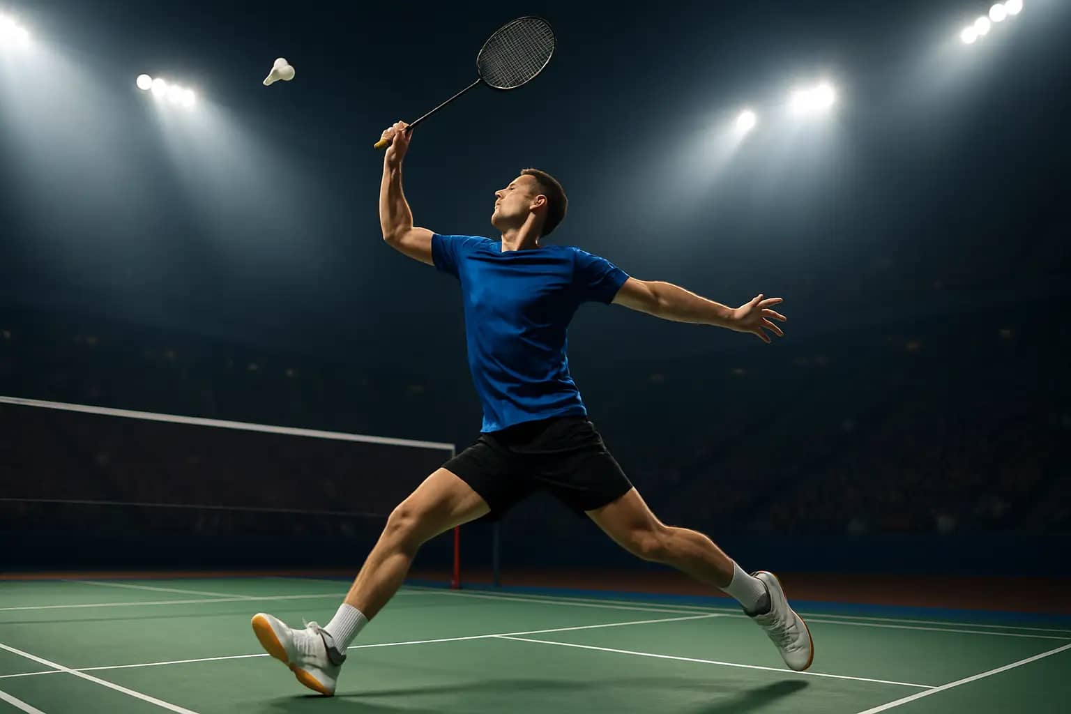 Indian badminton player mid-swing on an indoor court during an international tournament