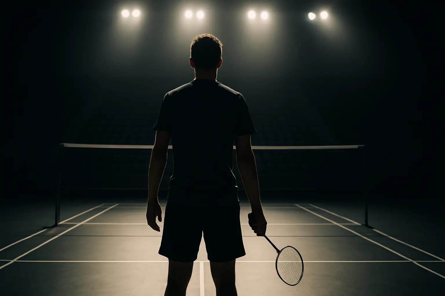 A badminton player standing alone on an empty court holding a racket, facing away toward the net
