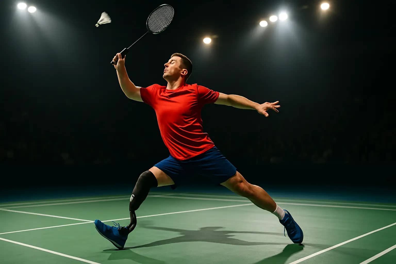 A para-badminton player mid-swing on an indoor court under bright stadium lights