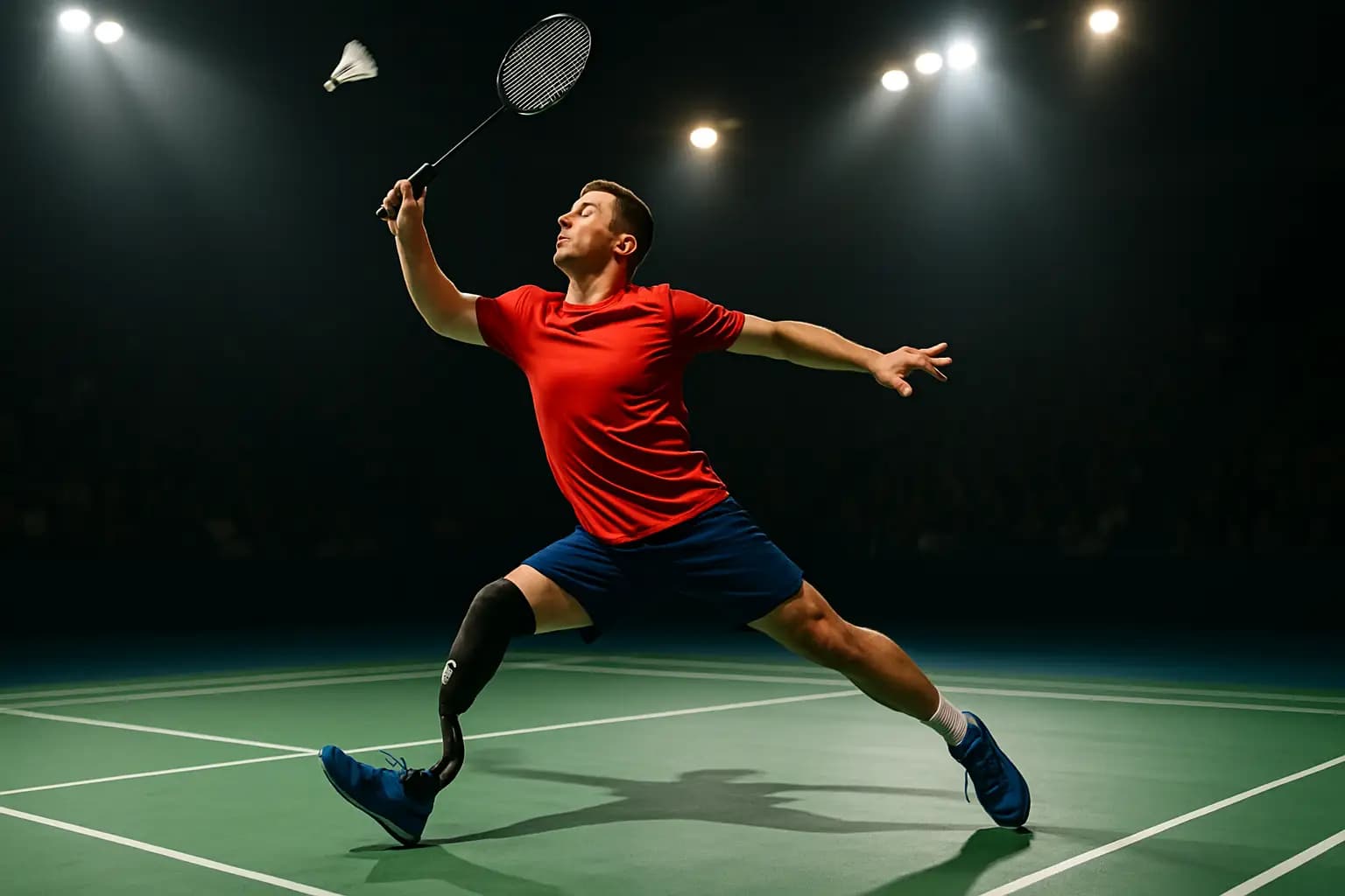 A para-badminton player mid-swing on an indoor court under bright stadium lights