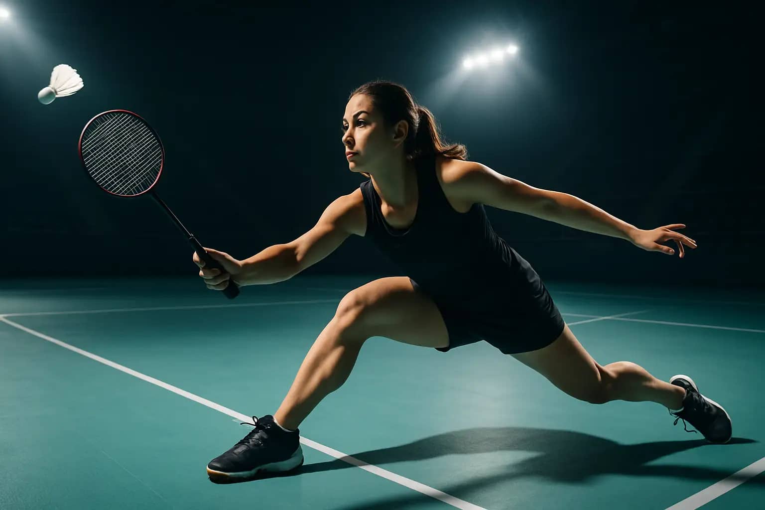A female badminton player in action on an indoor court, mid-swing with a racket