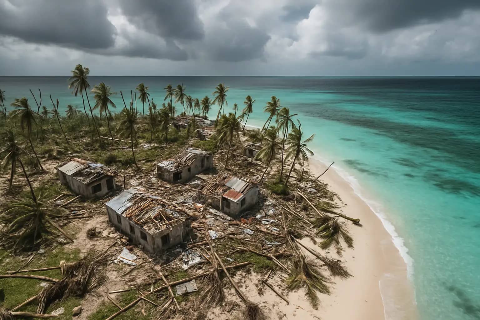 Aerial view of a Pacific island with storm damage after a super typhoon
