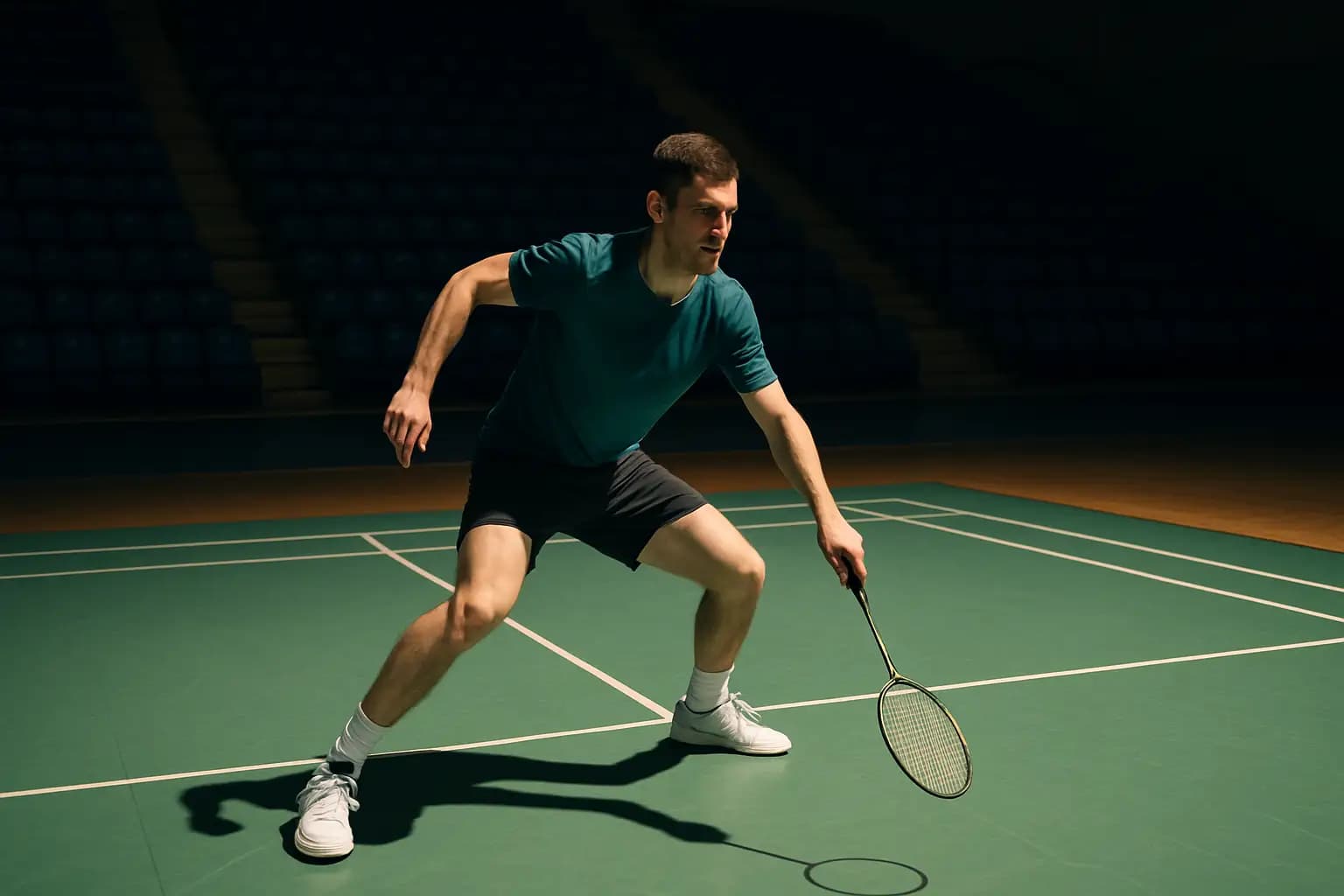 A young male badminton player in training gear practicing footwork drills on an indoor court