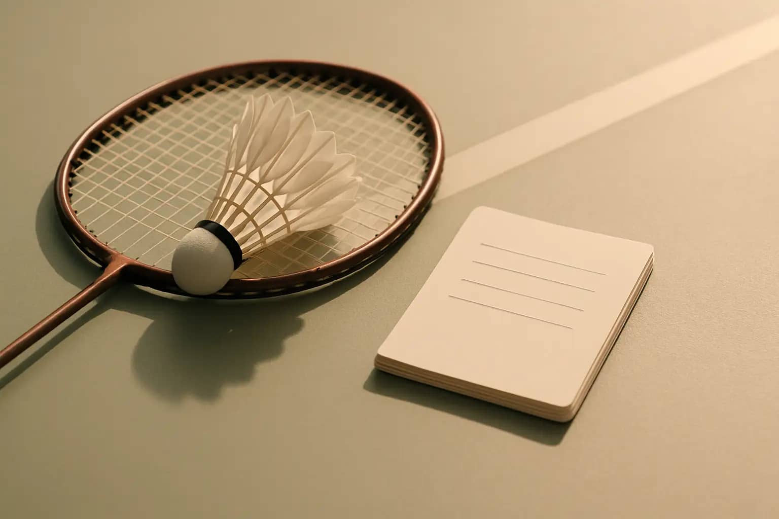 A badminton racket and shuttlecock resting on a court beside a small notepad with three handwritten statements