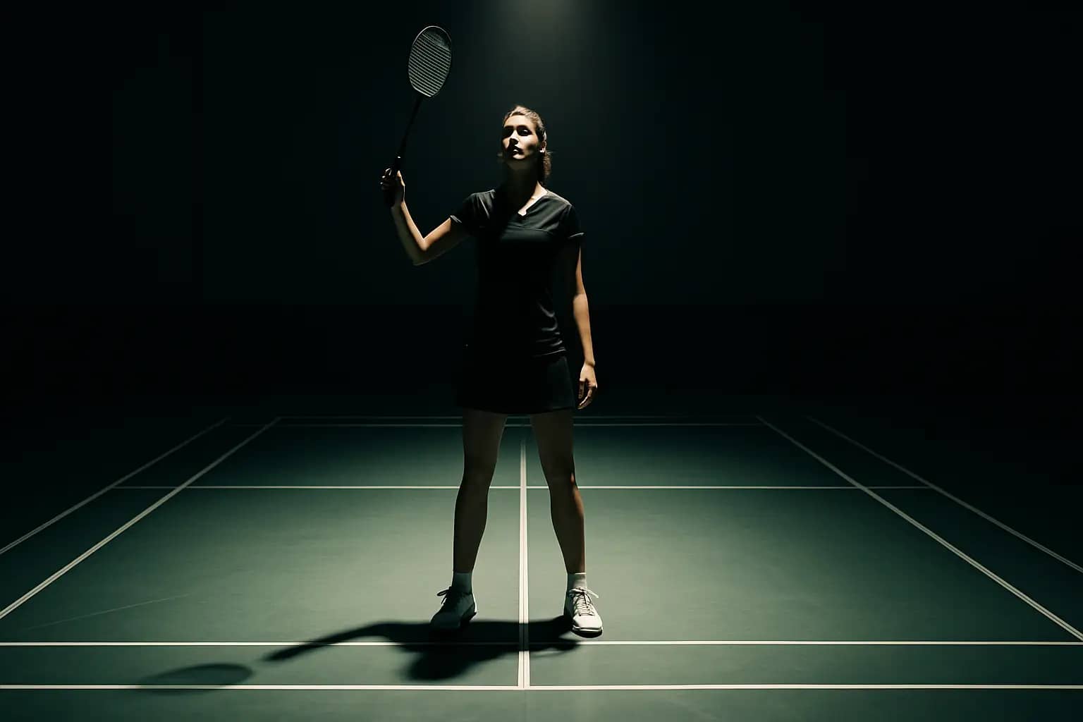 A female badminton player preparing to serve on an indoor court, focused and composed