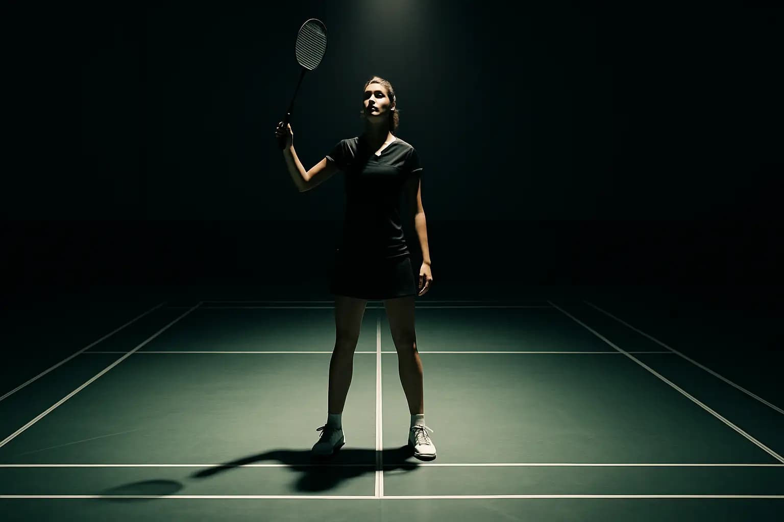 A female badminton player preparing to serve on an indoor court, focused and composed