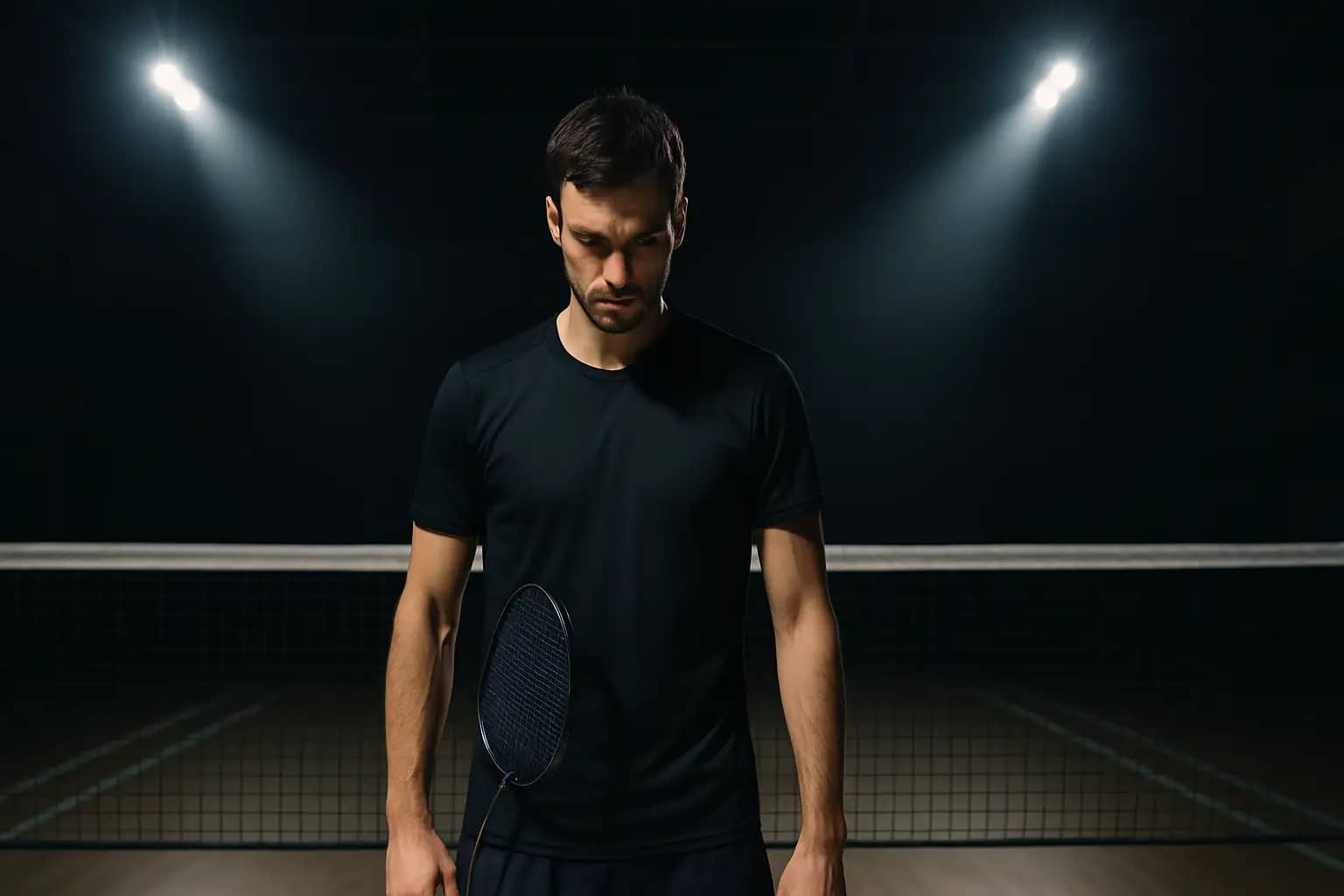 A badminton player standing on court holding a racket, looking focused and composed after a match