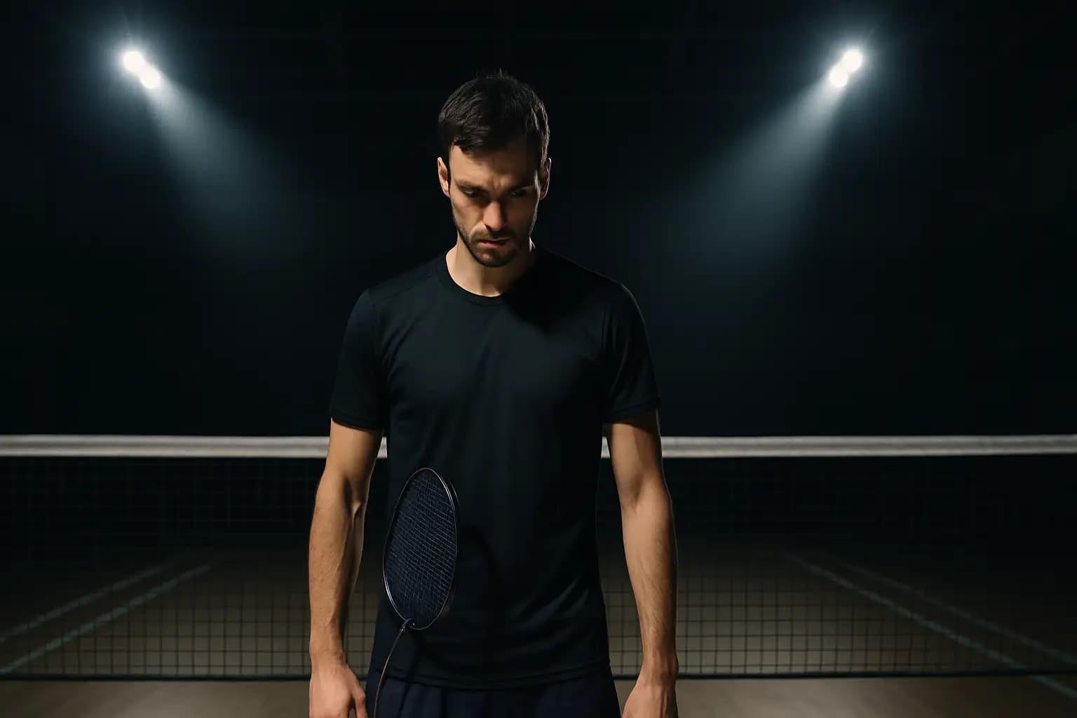 A badminton player standing on court holding a racket, looking focused and composed after a match