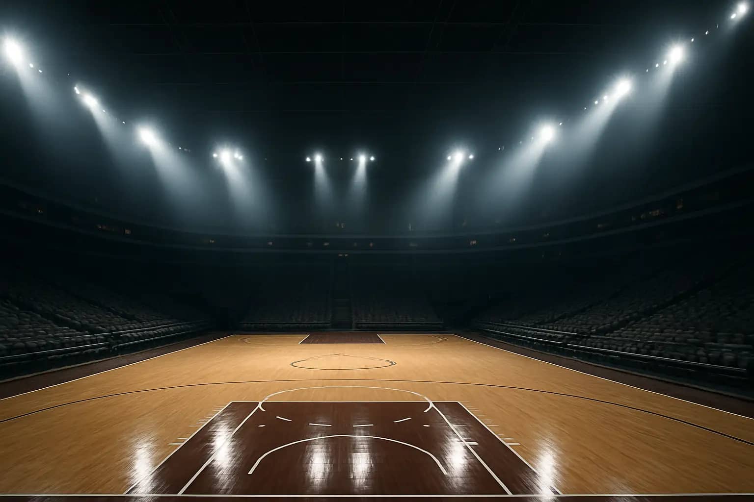 Basketball court with spotlights and an empty podium ready for a major draft event
