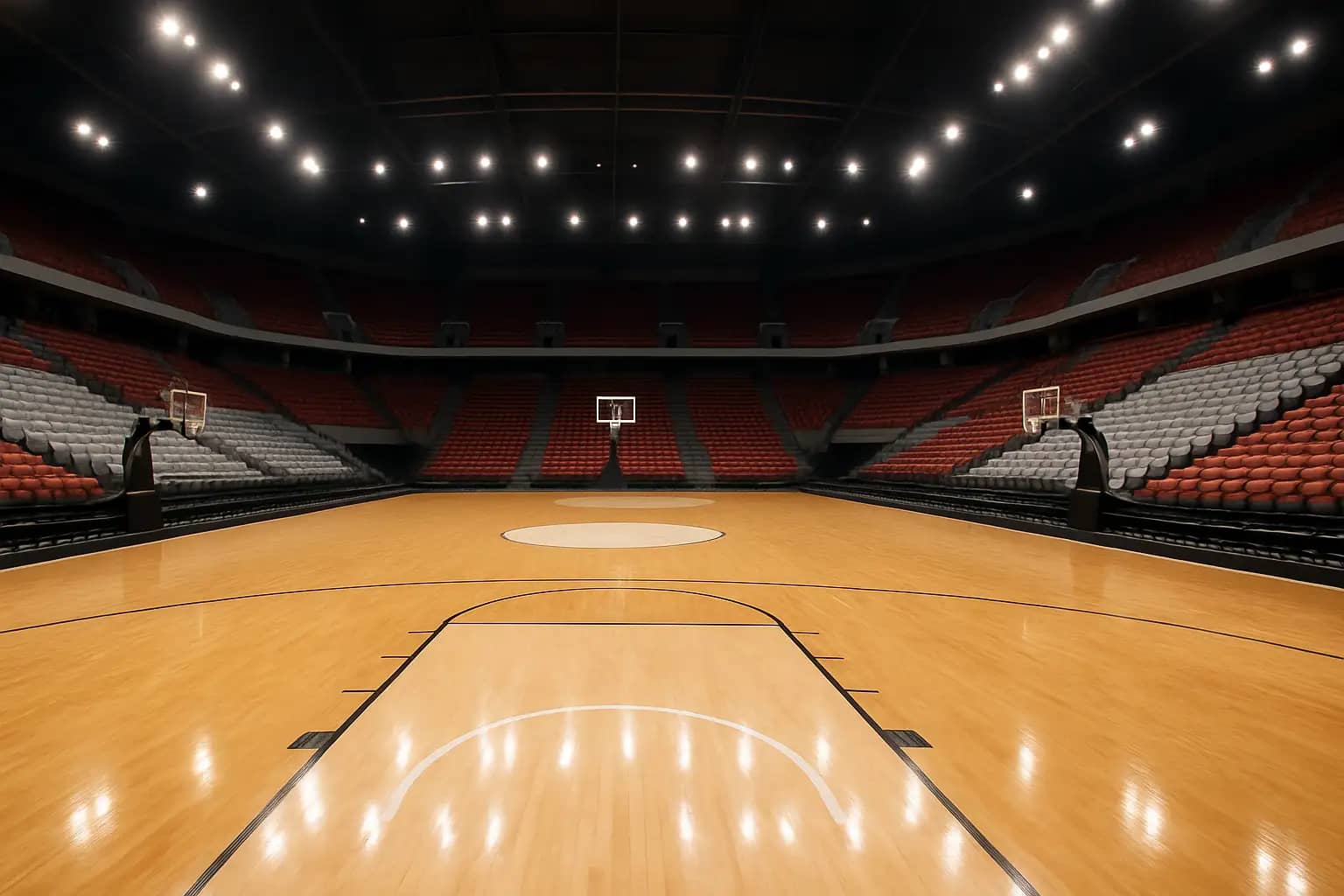 Empty college basketball arena with hardwood court and bright overhead lighting