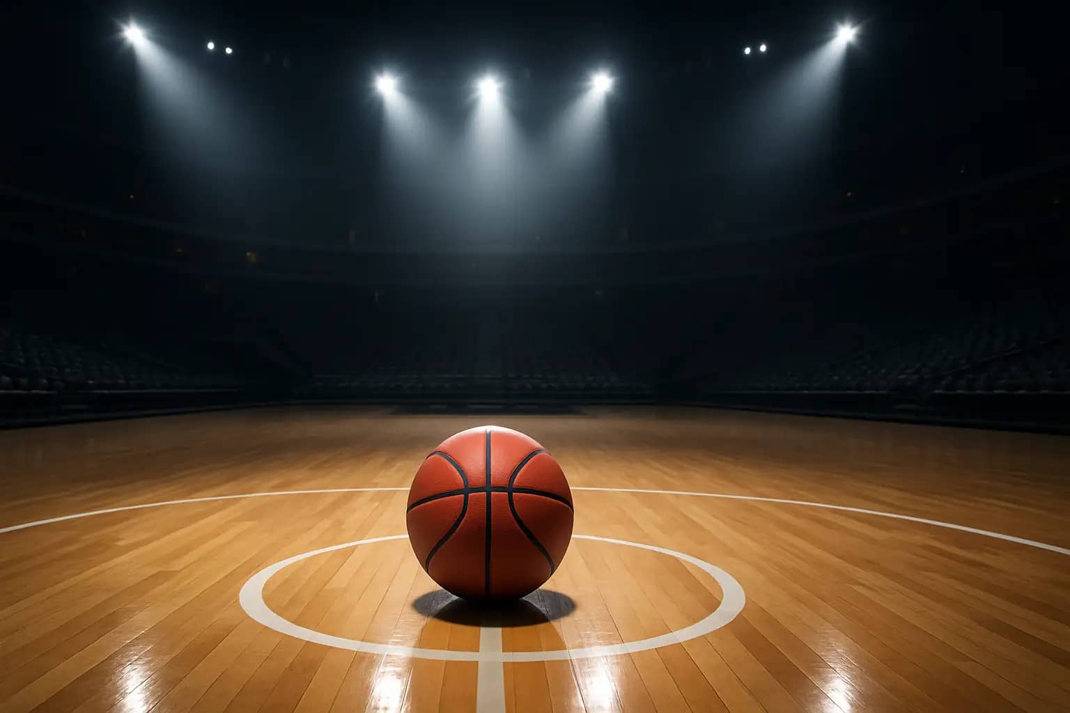 A basketball sitting at center court inside a large, empty professional arena with bright overhead lighting