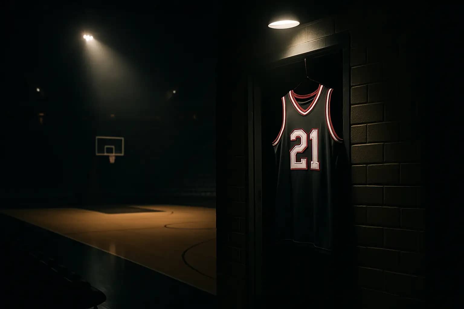 Basketball court with a spotlight shining on an empty Cleveland Cavaliers jersey hanging in an arena