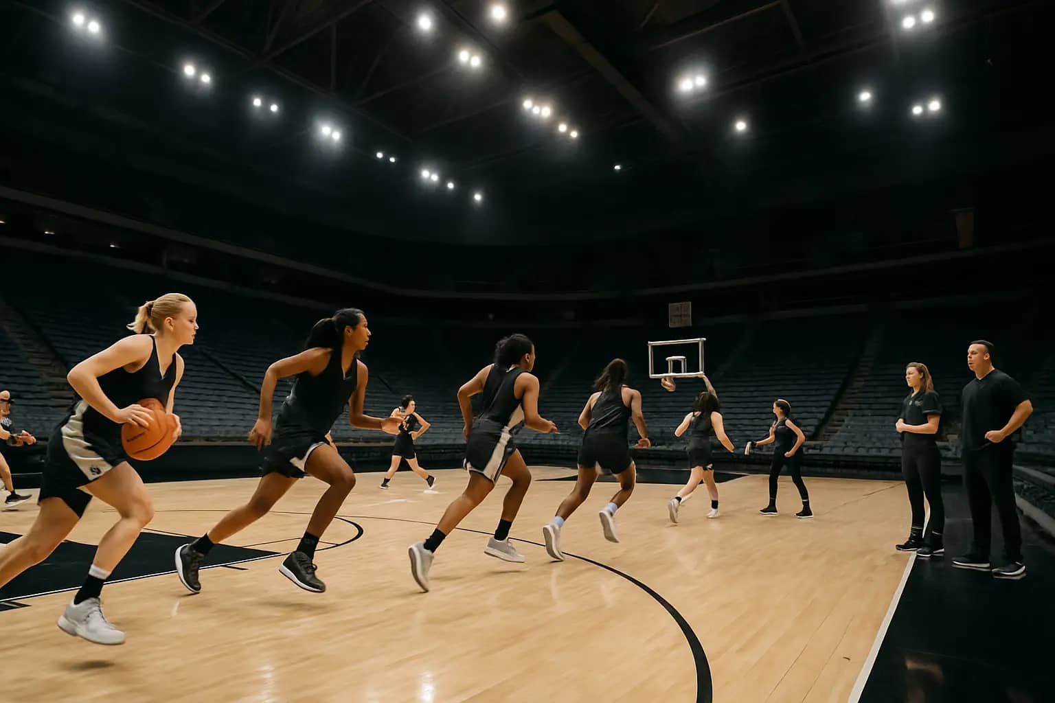 Basketball players running drills on an indoor court during a summer practice session