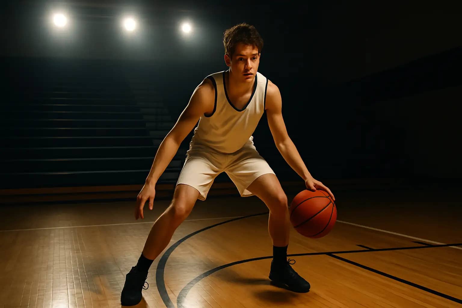 High school basketball player dribbling on an indoor court under bright gym lights