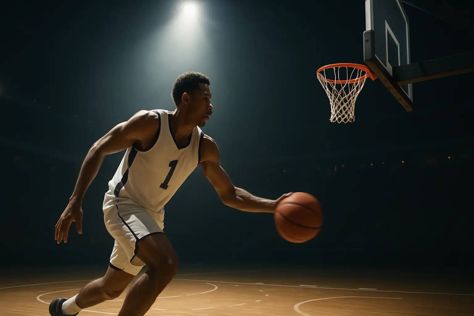 Australian basketball player driving to the basket in an arena under bright lights