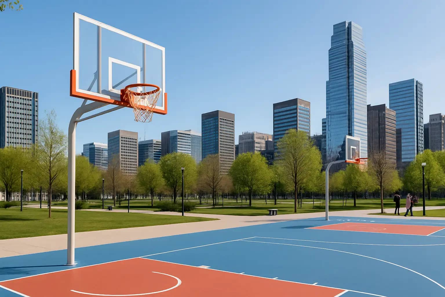 A temporary basketball court set up in an urban downtown park surrounded by city buildings and pedestrians