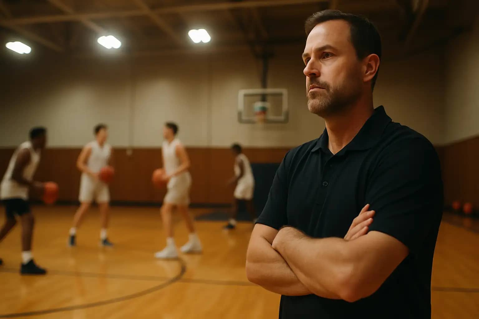 A basketball coach standing courtside in a gymnasium watching players practice