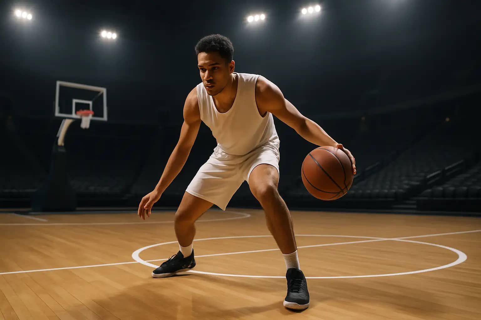 A basketball player dribbling through defenders on a college court under bright arena lights