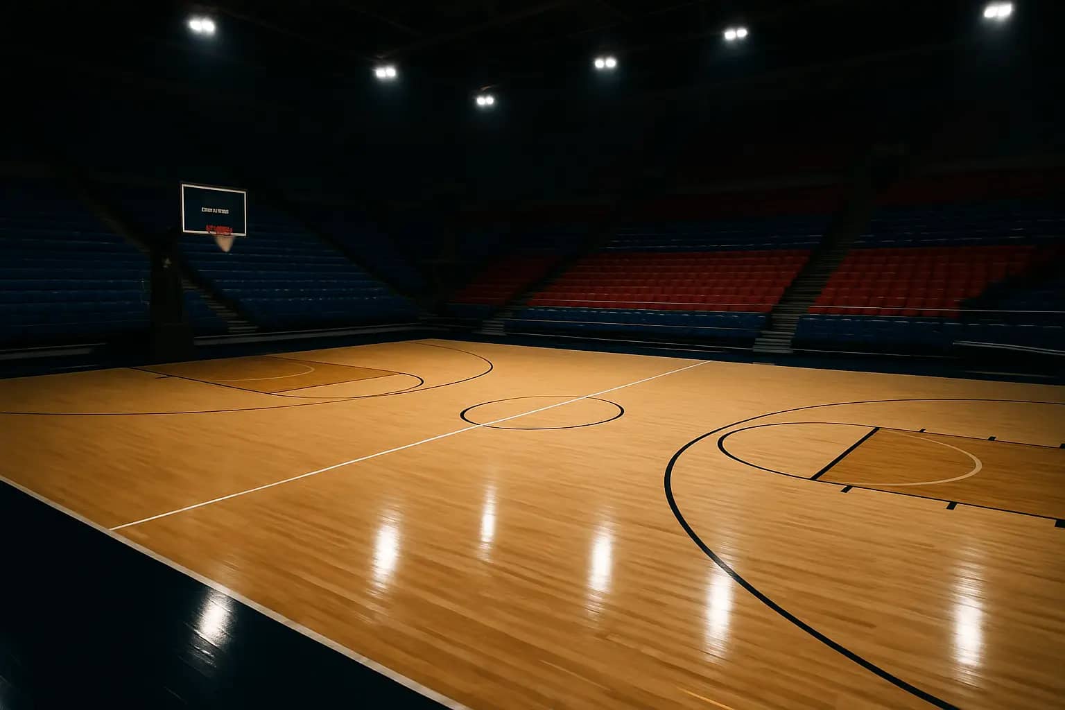 A basketball court with an empty gym and Gonzaga Bulldogs colors on the hardwood floor