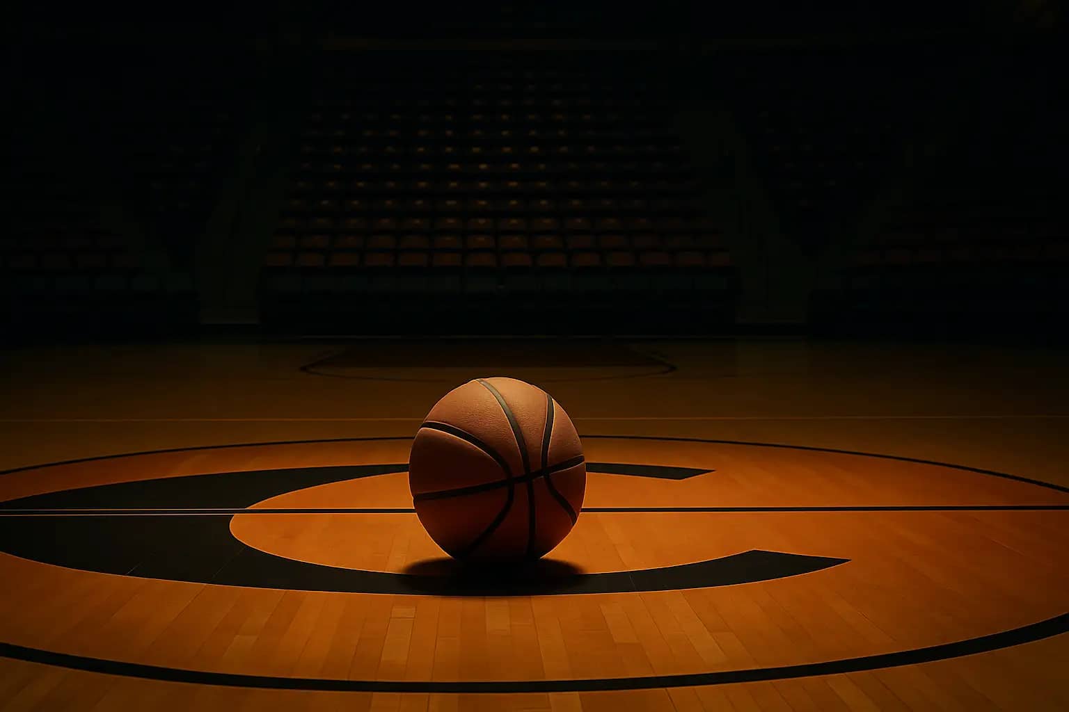 A basketball resting on a hardwood court inside an empty college arena