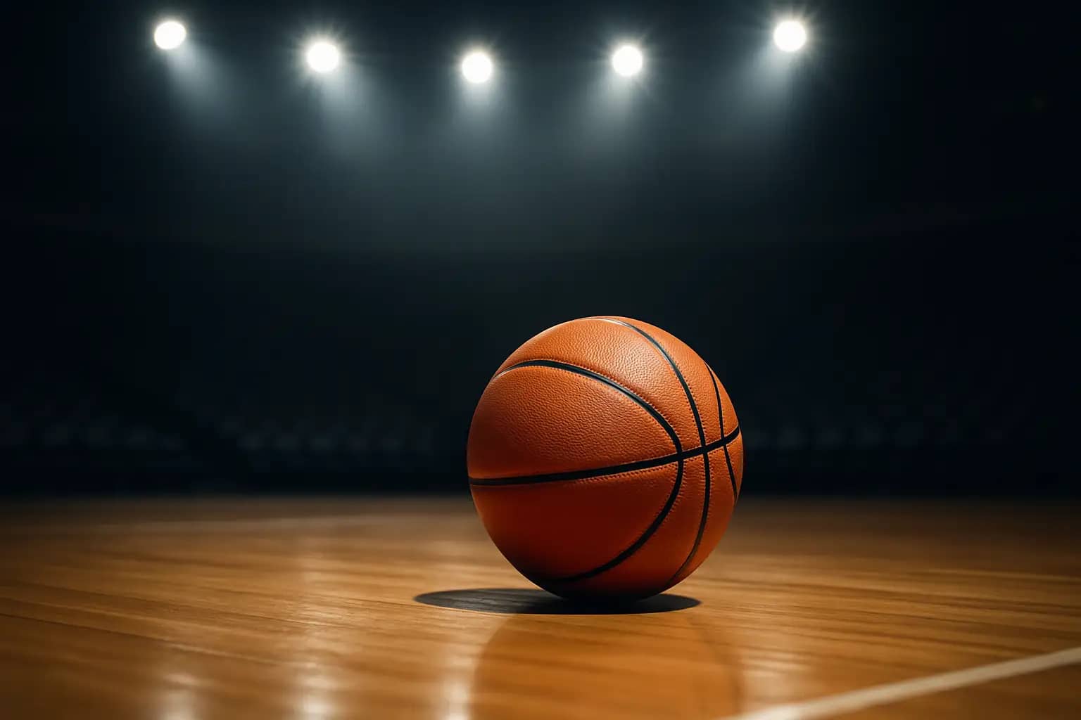 Basketball sitting on a hardwood court near the three-point line with arena lights overhead