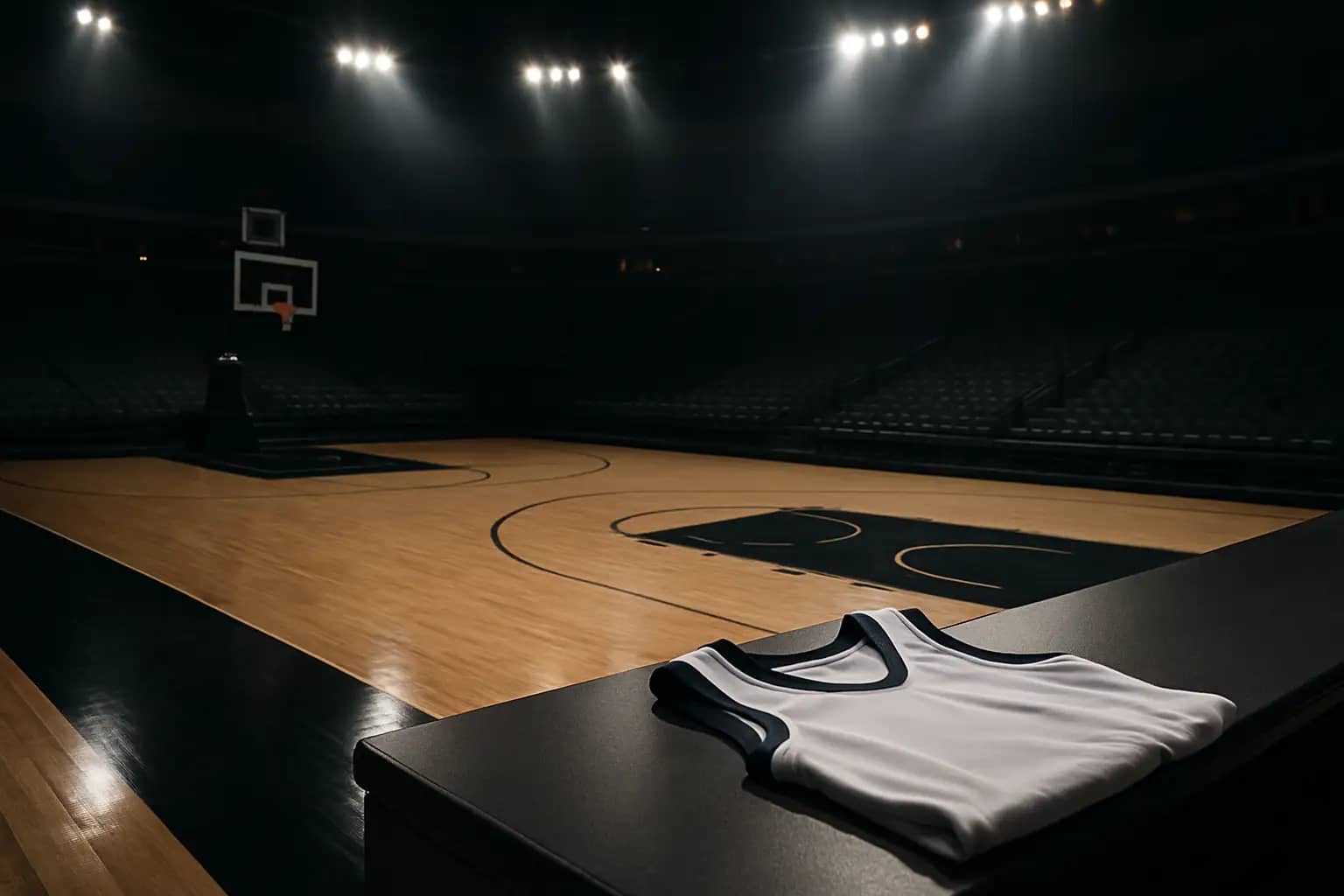 A basketball court with a lone jersey hanging near the hoop under arena lights