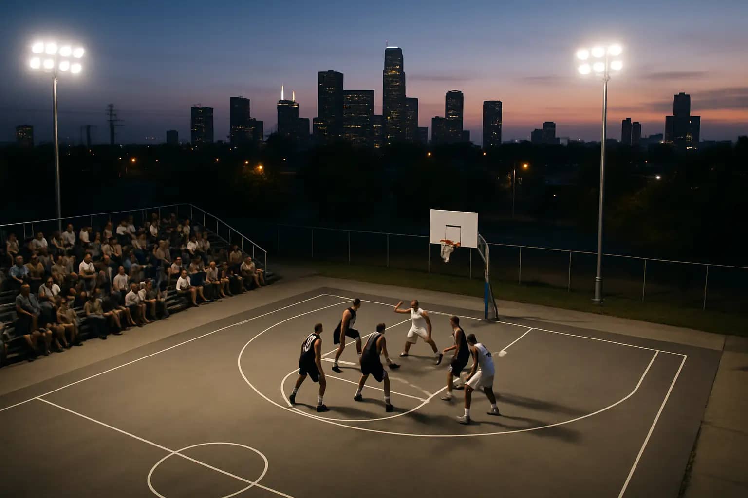 Basketball player dribbling on an outdoor half-court during a 3x3 tournament with a crowd watching