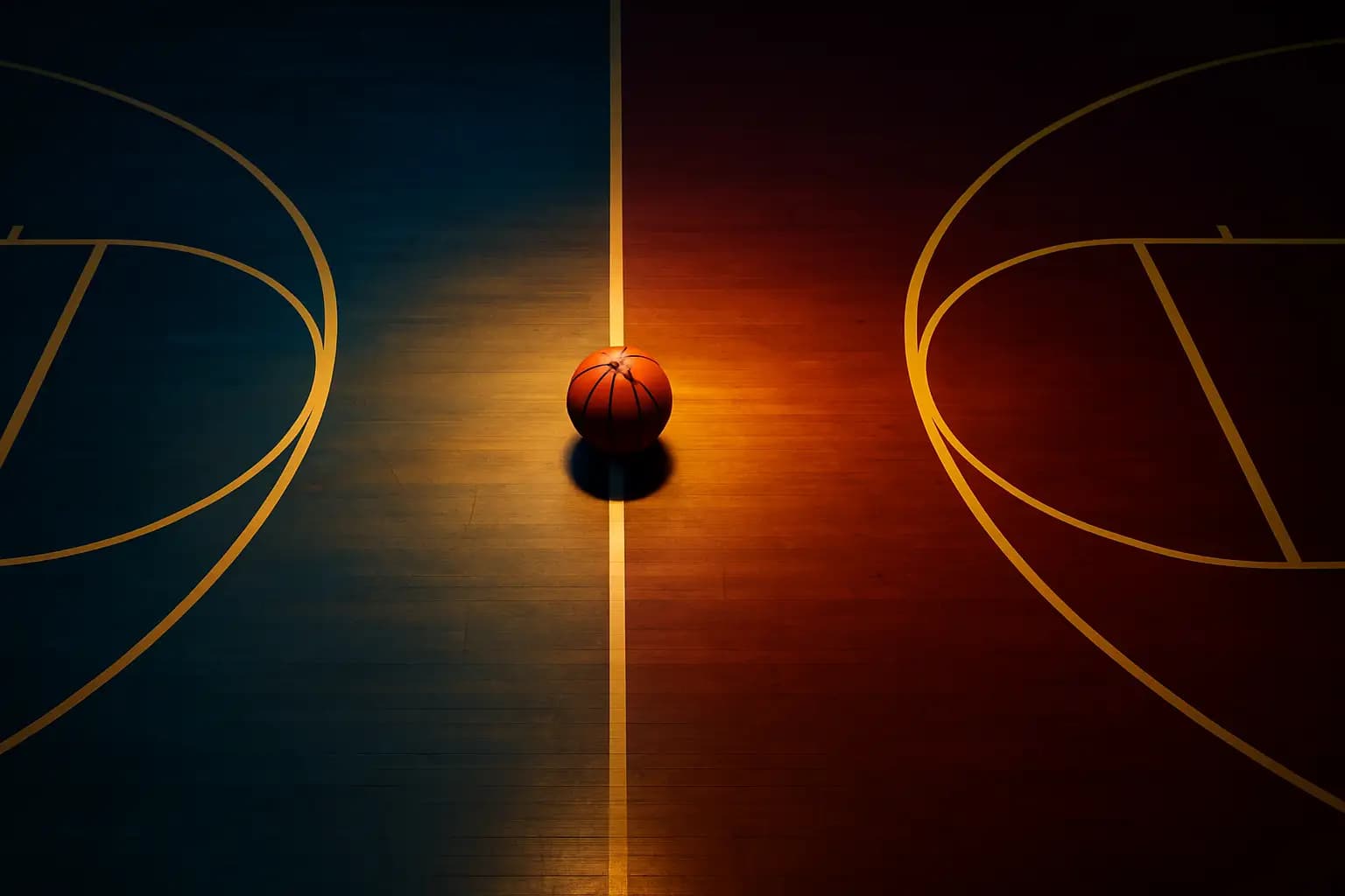 A basketball court split between Warriors and Cavaliers team colors with a basketball at center court