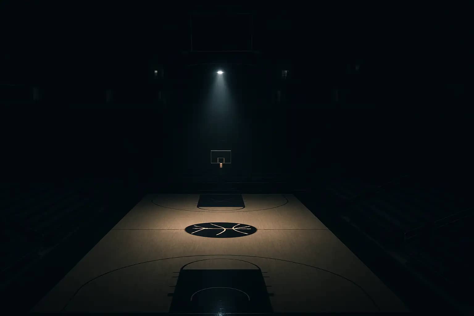Empty college basketball arena with a spotlight shining on center court